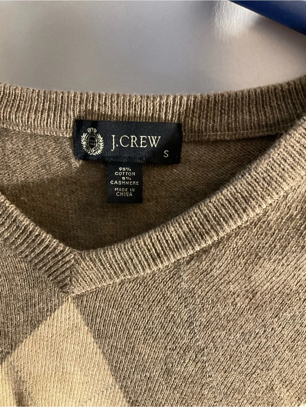 J. Crew Men's Tan and Cream Argyle Cotton/Cashmere V-Neck Sweater